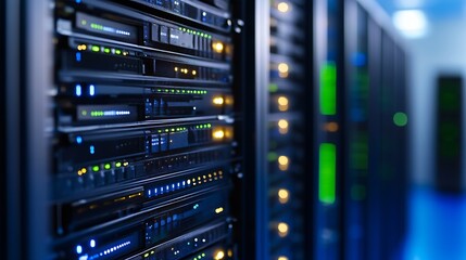 Poster - Advanced data center with sleek server racks and illuminated system indicators : Generative AI