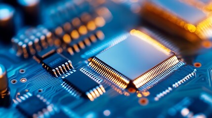 Fototapete - Closeup of Computer Microchip with Golden Circuit Lines on a Blue Background : Generative AI
