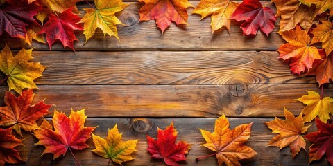 Poster - Rustic Wooden Background Decorated with Vibrant Autumn Leaves