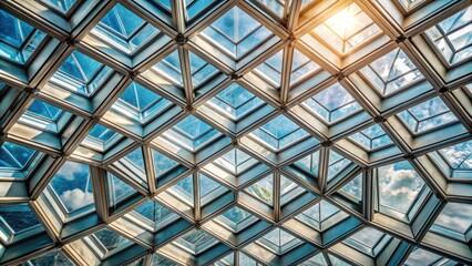 Poster - Intricate Geometric Skylight Design Featuring a Complex Pattern of Interlocking Glass Panels and Metal Frames