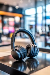 Poster - Modern Bluetooth headphones on display in electronics retail store : Generative AI