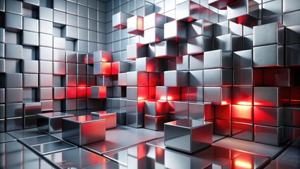 Poster - Abstract Metallic Cube Structure with Glowing Red Accents