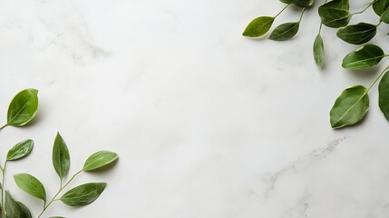 Poster - Minimalist Leaf Arrangement on White Marble Background for Fresh and Elegant Designs : Generative AI