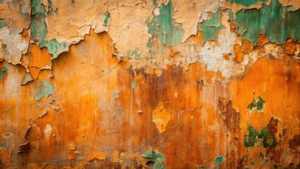 Poster - Abstract Texture of Aged, Weathered Wall with Flaking Paint in Hues of Orange, Brown, and Green