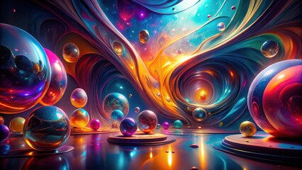 Wall Mural - abstract colorful spheres in a swirling, cosmic-inspired environment