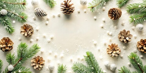 Poster - Winter Wonderland Festive Arrangement Natural Pine Cones, Evergreen Branches, and White Ornaments Create a Snowy Scene