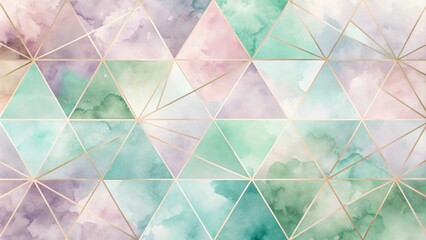 Fototapete - Abstract Geometric Watercolor Triangles with Gold Lines Pattern