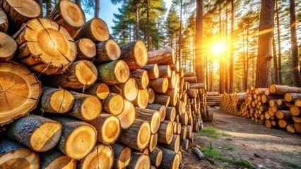 Poster - Golden Hour Lumber Stack in a Sunlit Forest