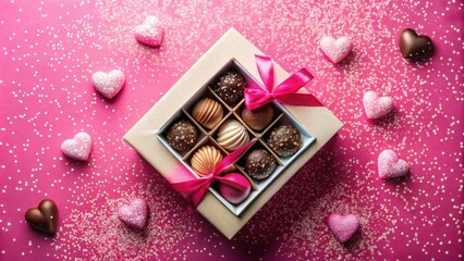 Poster - A gift box of assorted chocolates adorned with a pink ribbon, surrounded by pink heart-shaped candies and sparkling confetti.