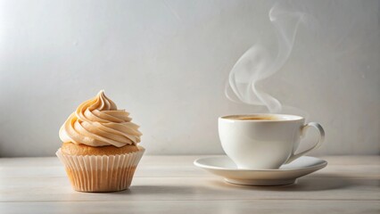 Poster - A delightful cupcake with creamy frosting and a steaming cup of coffee on a light wooden surface