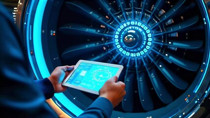 A person monitors a jet engine's performance using a tablet interface.