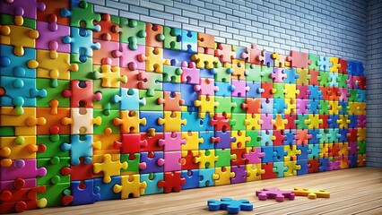 Aufkleber - Colorful Puzzle Pieces Form a Wall in a Room