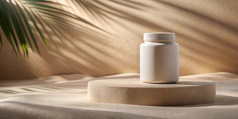 Poster - A blank beige supplement container rests on a minimalist, sandy-colored pedestal, bathed in sunlight filtering through tropical foliage