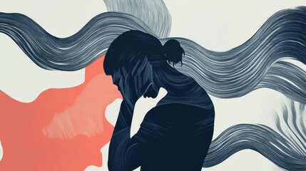 Aufkleber - Person experiencing pain with hands on head among abstract waves and geometric shapes in a colorful setting. Generative AI