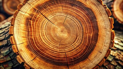 Poster - Close-up view of a tree trunk cross-section, revealing intricate growth rings and natural wood texture