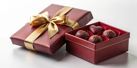 Poster - Elegant maroon gift box with gold ribbon, containing assorted dark chocolate truffles and a heart-shaped confection.