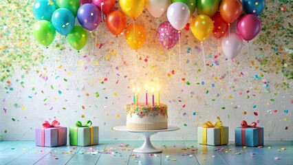 Poster - Festive Birthday Scene with Cake, Balloons, and Gifts
