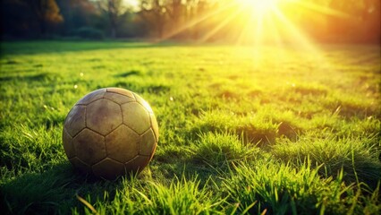 Aufkleber - Golden hour illumination on a weathered sphere resting in lush grass