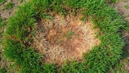 Aufkleber - Aerial View of a Circular Patch of Dead Grass Surrounded by Lush Green Vegetation