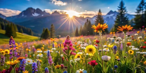Poster - Vibrant Wildflower Meadow Bathed in Golden Sunrise Light Against Majestic Mountain Range