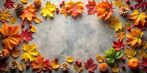 Poster - Autumnal Frame of Colorful Leaves, Cones, and Berries