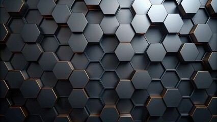 Poster - Abstract Dark Hexagonal Geometric Pattern with Golden Accents