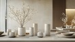 © cynz - A modern dining setup with ceramic tableware, soft beige and gray tones, and a centerpiece of fresh flowers, stylish and elegant