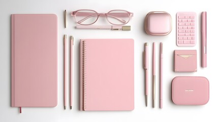 Poster - A flat lay of productivity tools: a planner, pen, laptop, and glasses, all arranged on a clean white desk, focusing on organization