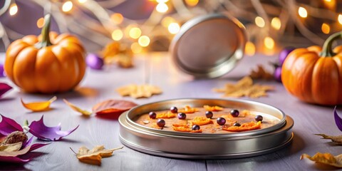 Poster - Autumnal Pumpkin Spice Dessert in a Metallic Container with Berries and Leaves