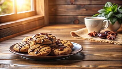 Poster - Warm Chocolate Drizzled Cookies and Coffee by Window