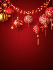 Wall Mural - Red Lanterns & Festive Lights: A celebratory backdrop with vibrant red lanterns adorned with intricate patterns, strung with twinkling fairy lights against a rich red background.