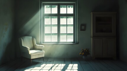 Poster - A dimly lit room with a single window, the light casting harsh shadows on empty furniture, emphasizing isolation