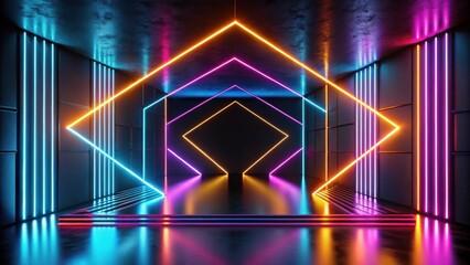 Fototapete - Abstract Neon Light Installation Featuring Geometric Shapes and Vibrant Hues