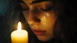 © cynz - A person s face half-lit by the dim glow of a single candle, their expression of sorrow highlighted by the flickering shadows, tears glistening in the light