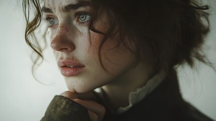 Poster - A close-up of a woman clutching her collar tightly, her head tilted slightly downward, her tear-filled eyes reflecting faint light, capturing intense emotional strain