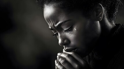 Poster - A close-up of a woman clutching her collar tightly, her head tilted slightly downward, her tear-filled eyes reflecting faint light, capturing intense emotional strain
