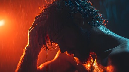 Aufkleber - A profile view of a man running his hands through his hair, his face twisted in agony, tears streaming down, illuminated by a single overhead light
