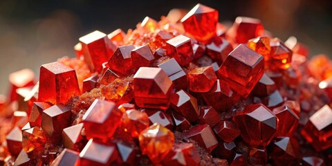Poster - Close-up view of a vibrant red crystalline cluster showcasing multifaceted geometric shapes and brilliant reflective surfaces