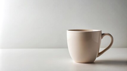 Poster - A single, empty, light beige ceramic mug sits on a white surface against a bright background.