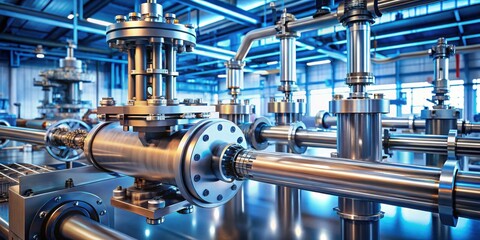 Poster - Close-up view of industrial machinery, showcasing intricate metal pipes and valves within a modern factory setting