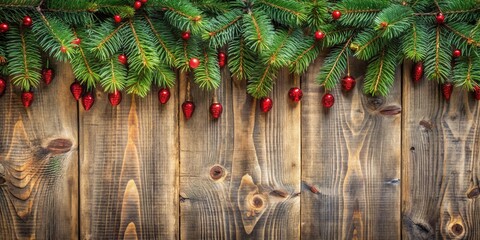 Poster - Rustic wooden background decorated with evergreen boughs and red ornaments for a festive winter holiday