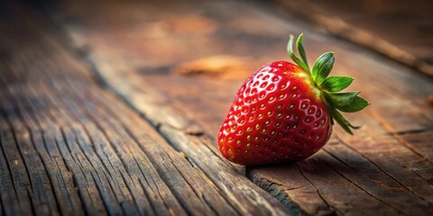 Poster - A single ripe strawberry rests on a rustic wooden surface