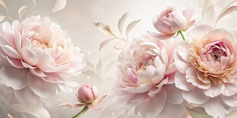 Aufkleber - Elegant pastel peonies in soft focus, with delicate petals and flowing leaves, creating a serene and romantic floral arrangement.