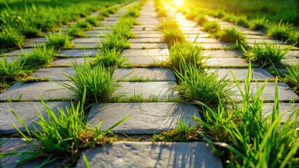 Poster - Sunlit Pathway Stone Blocks and Vibrant Green Grass Growing Between Paving Stones