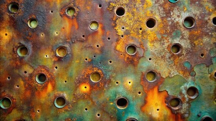 Poster - Abstract Rusted Metal Plate with Circular Perforations and Multicolored Patina