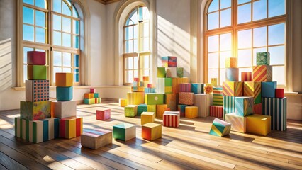 Aufkleber - Brightly colored blocks scattered across a sunlit hardwood floor in a room with large windows