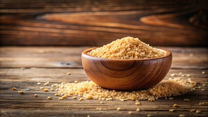 Poster - A wooden bowl filled with granulated, light brown, sweet crystals on a rustic wooden surface