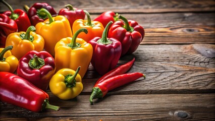 Poster - A vibrant collection of red and yellow bell peppers and chili peppers arranged on a rustic wooden surface