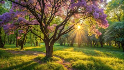 Poster - Sunlit Spring Meadow with Blooming Tree and Sunbeams