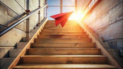 Aufkleber - Red paper airplane soaring above wooden staircase symbolizing upward mobility, achievement, and progress towards goals.